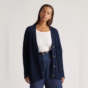 Quince 100% Organic Cotton Oversized Cable Cardigan Womens medium navy Sweater